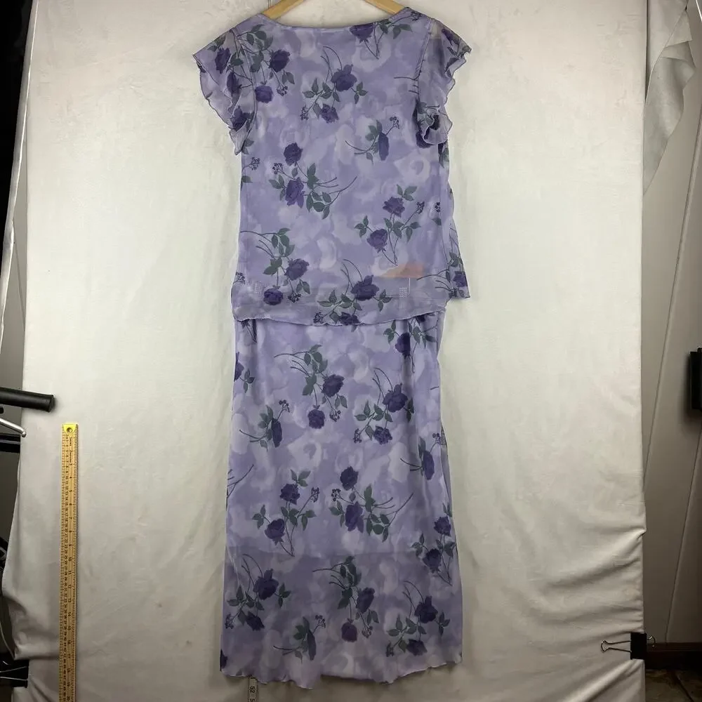 Vintage 2 Piece Cowl Flutter Blouse Midi Skirt Womens Large Purple Rose Romantic